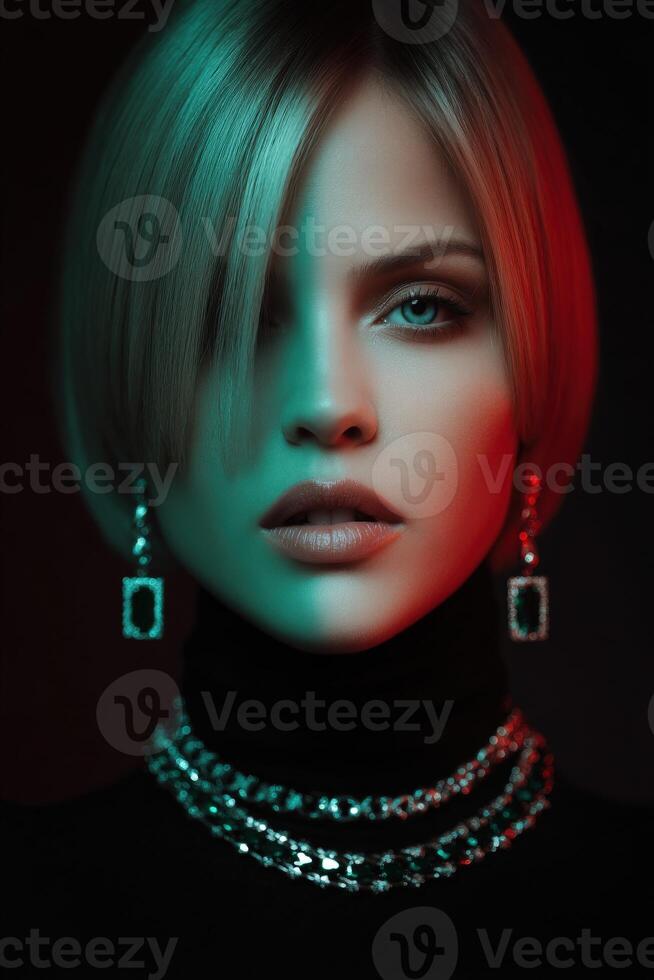 Elegant model with striking features in moody lighting photo