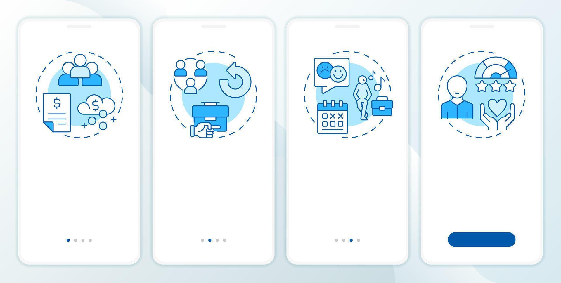 Performance and engagement blue onboarding mobile app screen. HR work. Walkthrough 4 steps editable graphic instructions with linear concepts. UI, UX, GUI vector