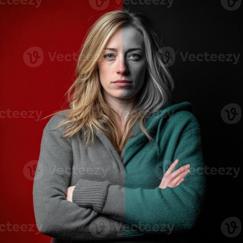 Woman in a striking dual-color outfit against a contrasting background photo
