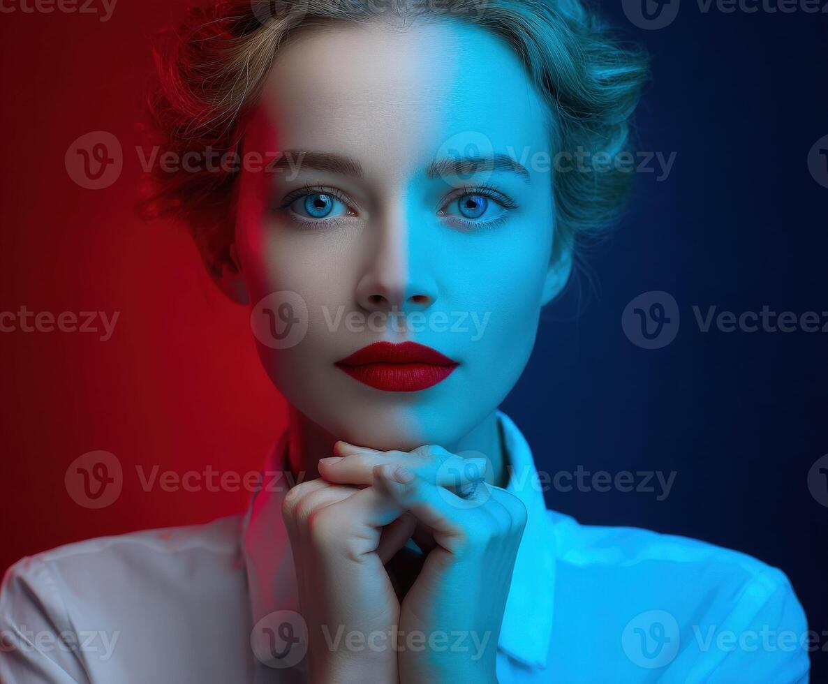 Portrait of a woman with striking blue and red lighting in a studio setting photo