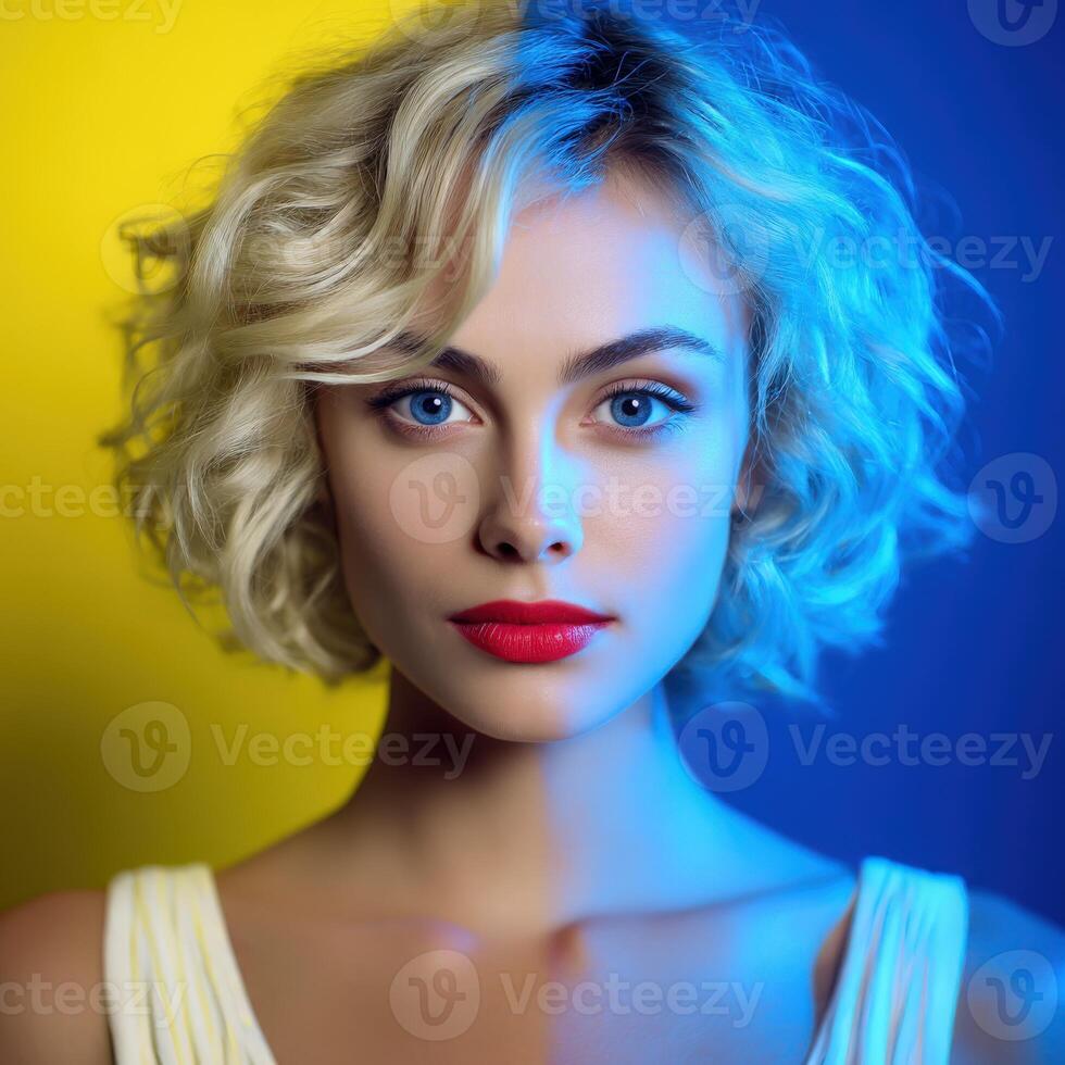 Model with curly hair poses against colorful background in studio setting photo