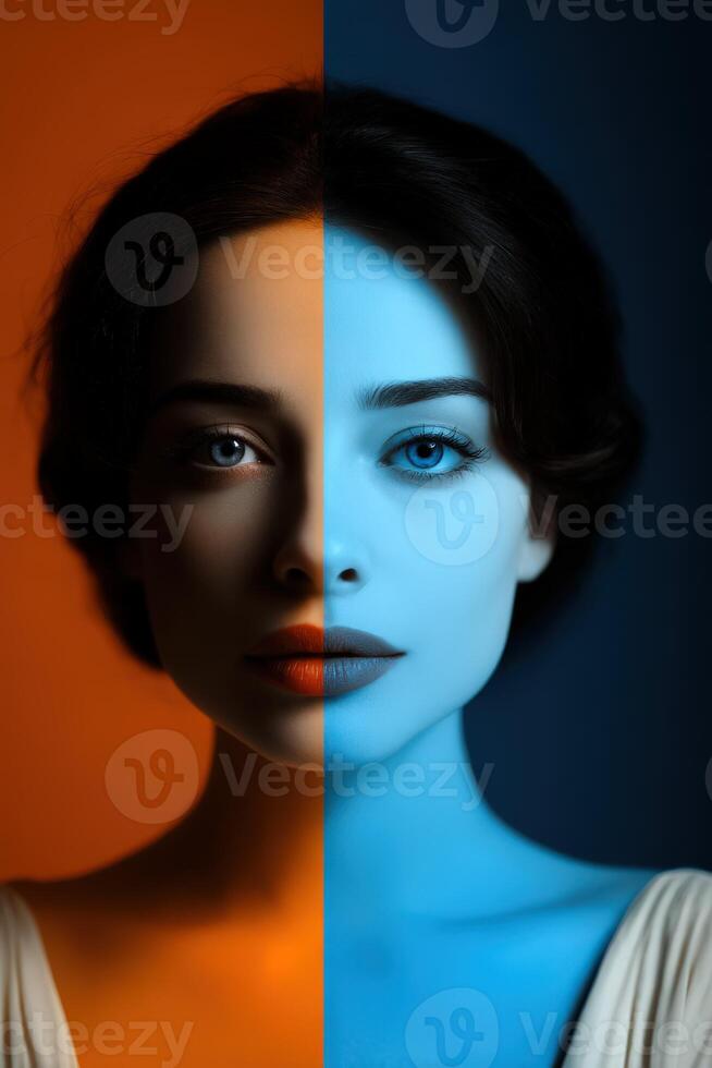 Artistic portrait showcasing contrasting halves of a woman's face in vibrant colors photo