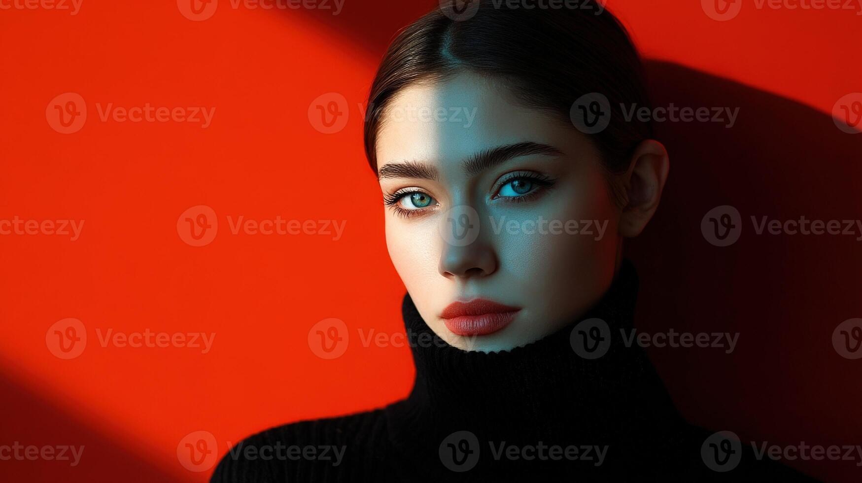 Portrait of a young woman with striking features against a vibrant background photo