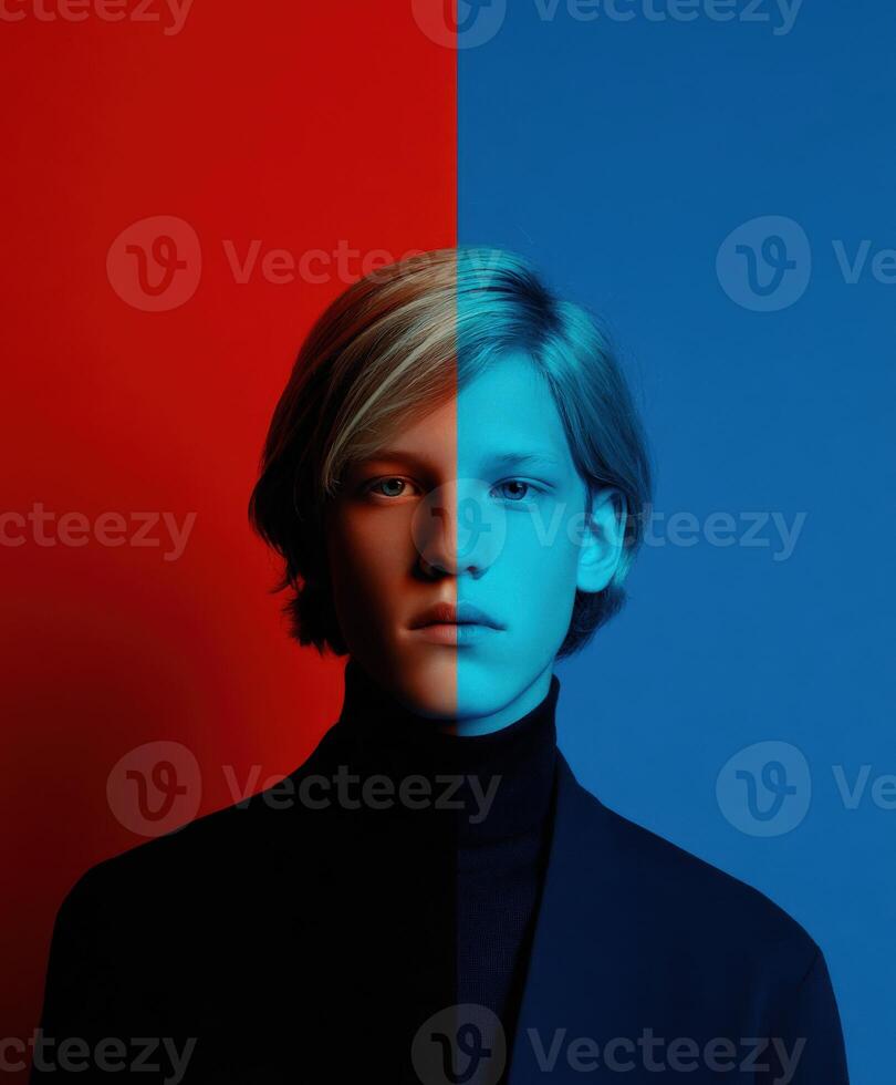 Boy with contrasting colors on his face in a creative artistic portrait photo