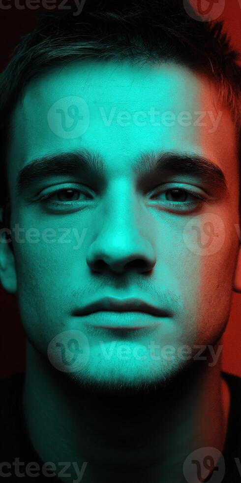 Close-up portrait of a young man with dramatic lighting and intense expression photo