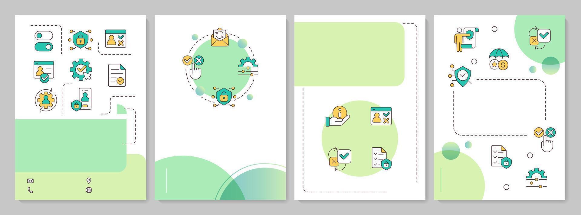 Consent management green circle brochure layout. System allowing to determine user data. Leaflet advertising design with color line icons. Editable 4 pages vector