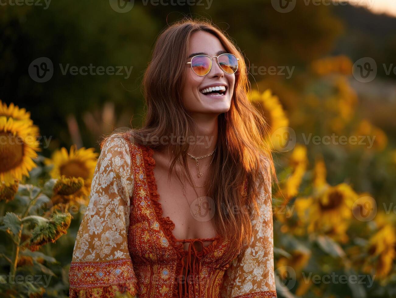 Joyful woman in vintage dress smiles amid sunflowers at sunset photo