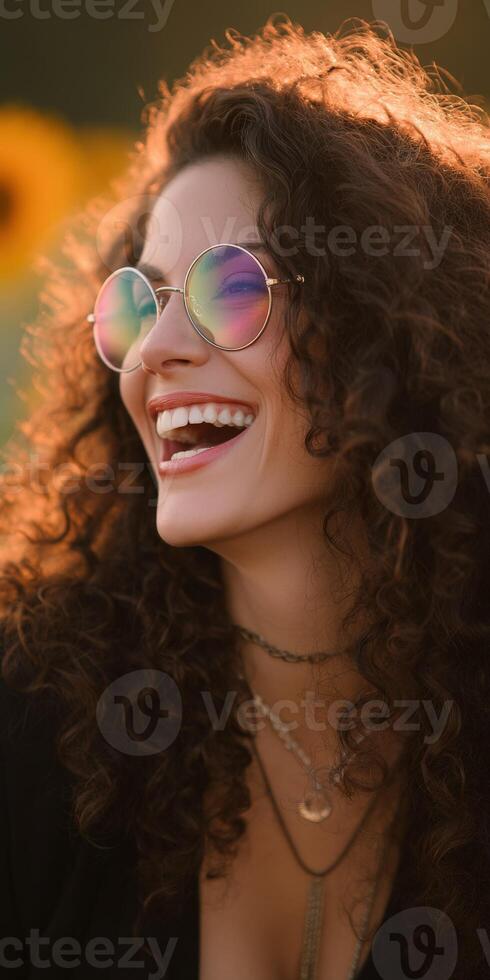 Bright smile of a woman with curly hair enjoying a sunny afternoon outdoors photo