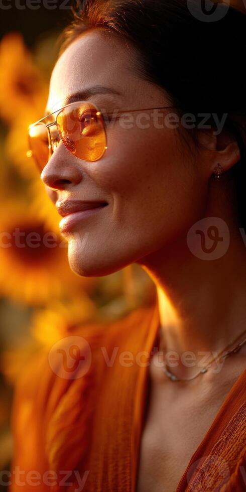 Woman smiling amidst sunflowers during golden hour in warm sunlight photo
