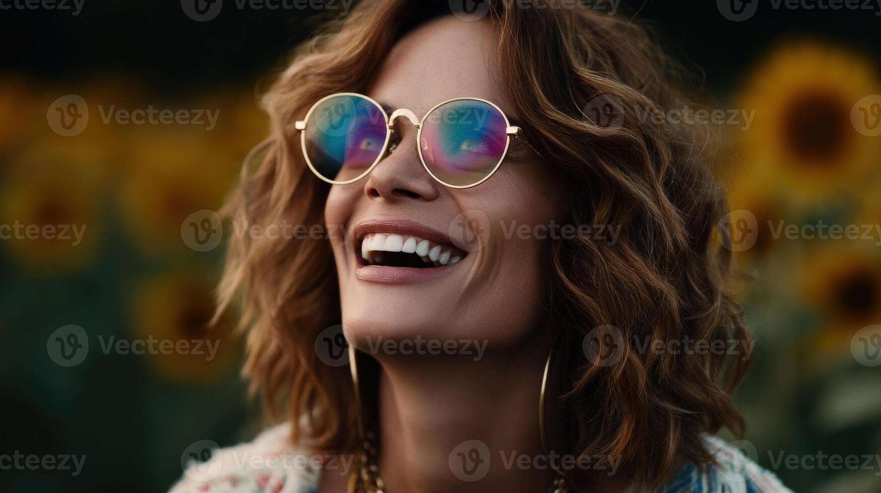 Smiling woman enjoys sunny day among blooming sunflowers in rural field photo