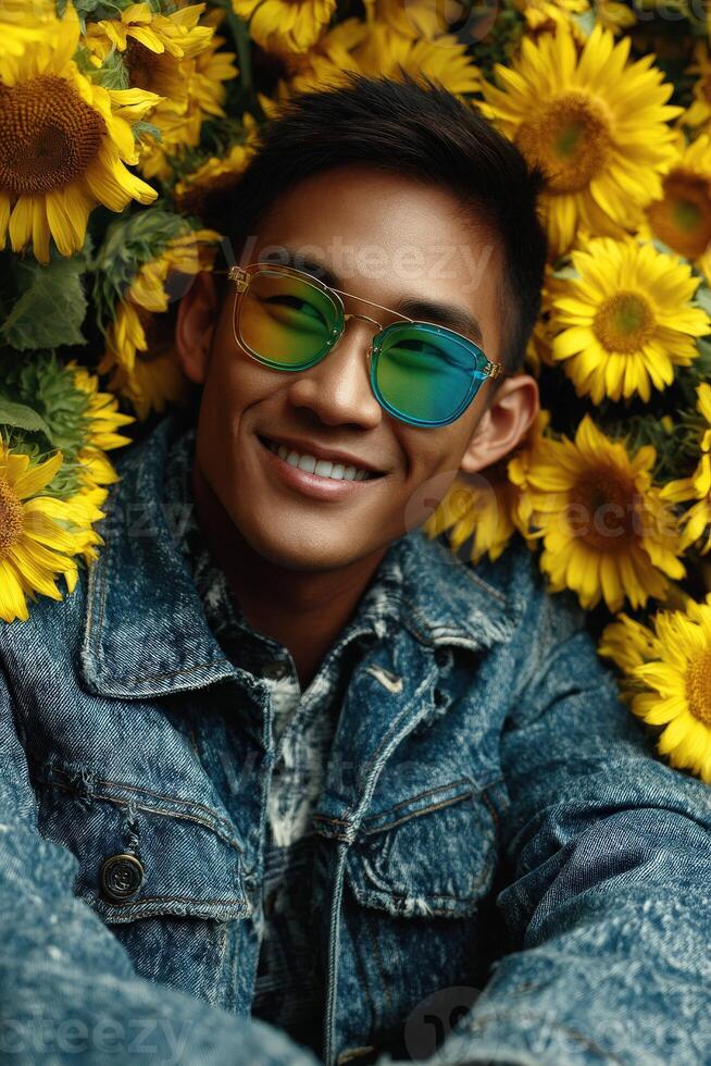 Bright smile and sunny attitude amidst vibrant sunflowers in a field setting photo
