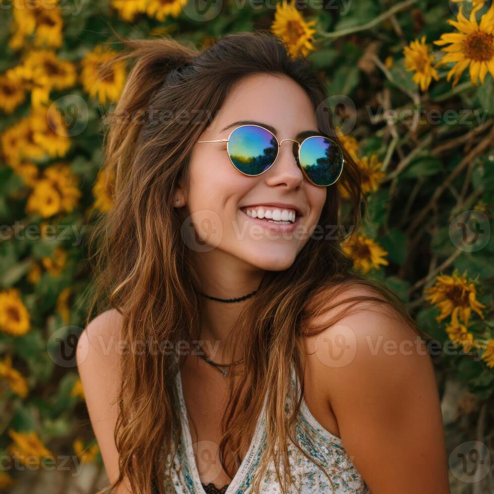 Smiling woman with sunglasses amidst vibrant sunflowers on a sunny day photo