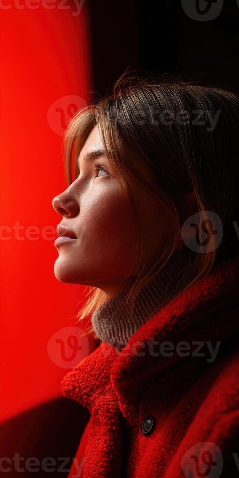 Profile of a woman in a red coat looking at a glowing background photo