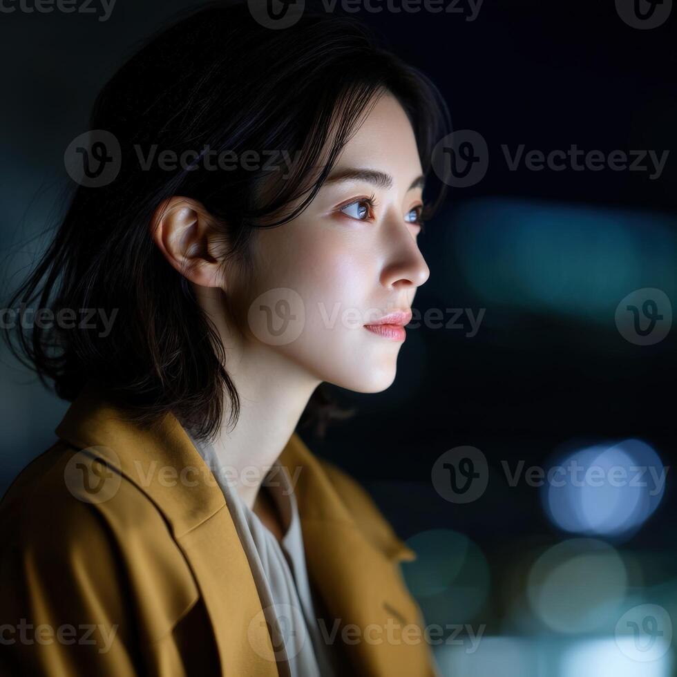 Beautiful woman in a warm coat gazing thoughtfully at night city lights photo