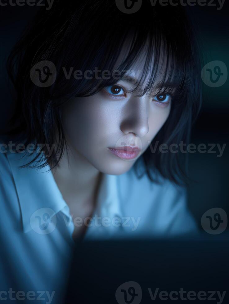 Focused woman working late at night on a laptop in a dimly lit room photo
