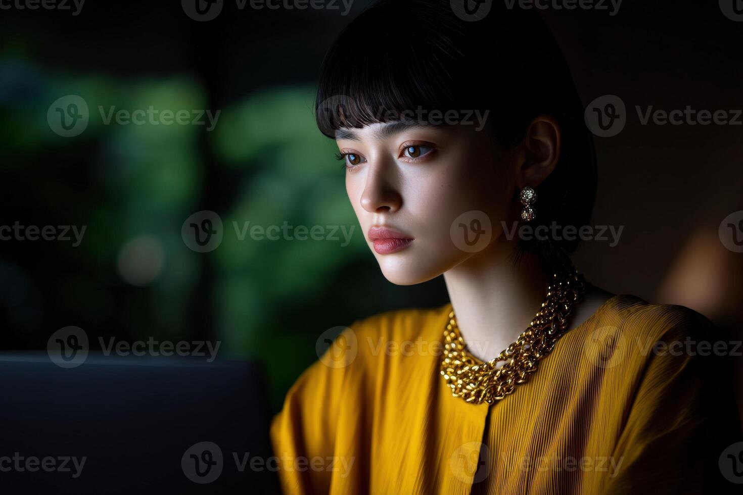 Woman in elegant attire working intently at a laptop in low light photo