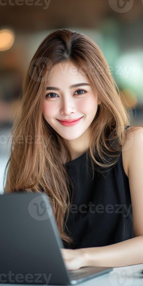 Portrait of a young woman smiling while working on a laptop in a cafe setting photo