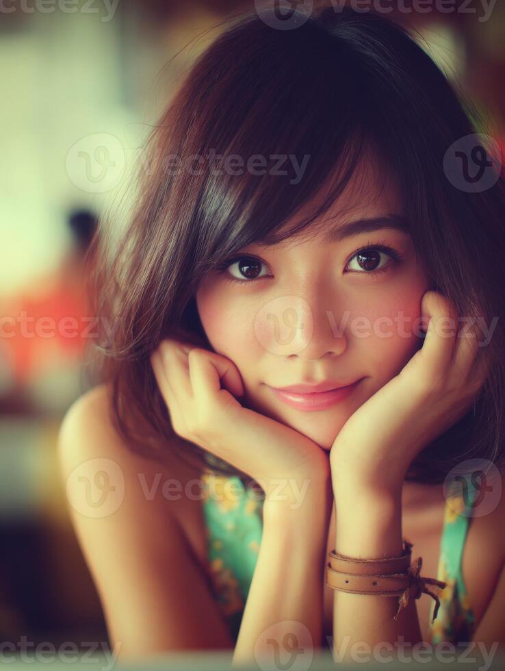 Young woman with a charming smile resting her chin on her hands indoors photo