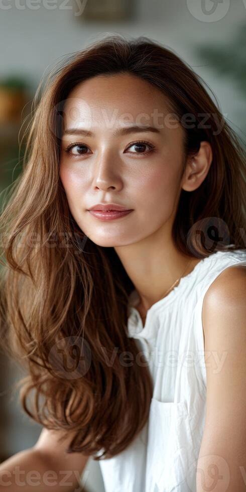 Model with wavy hair posing in casual attire indoors during daylight photo