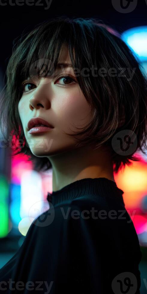Young woman with short hair poses against colorful urban lights at night photo