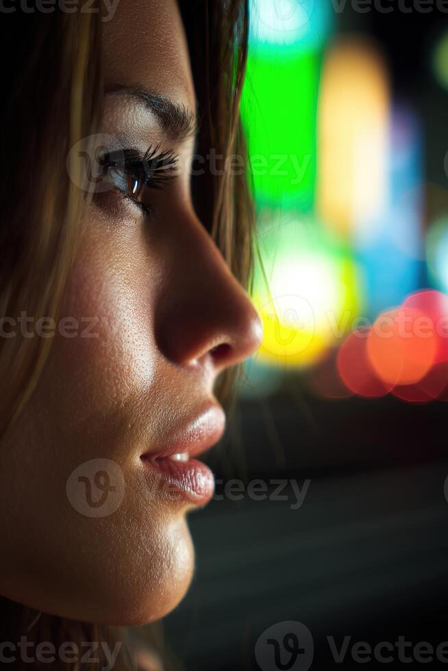 Woman gazing thoughtfully at brightly lit cityscape during nighttime photo