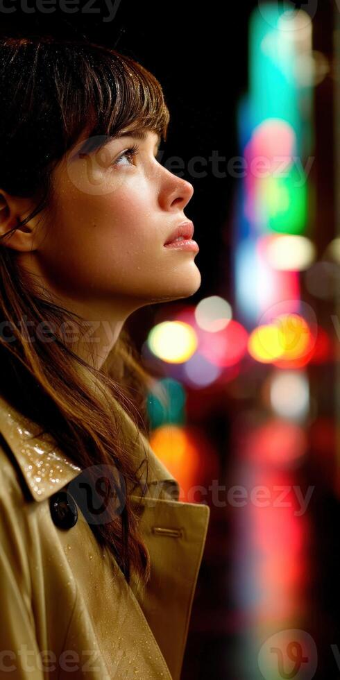 Woman gazing thoughtfully at colorful city lights during a rainy evening photo