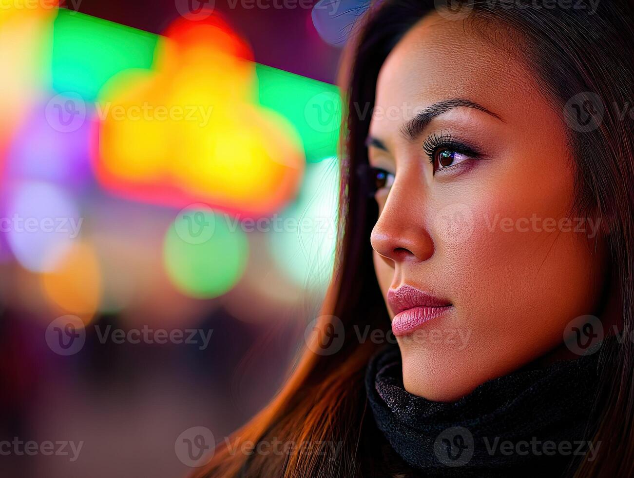 Bright lights and urban charm illuminate a woman's profile at night photo