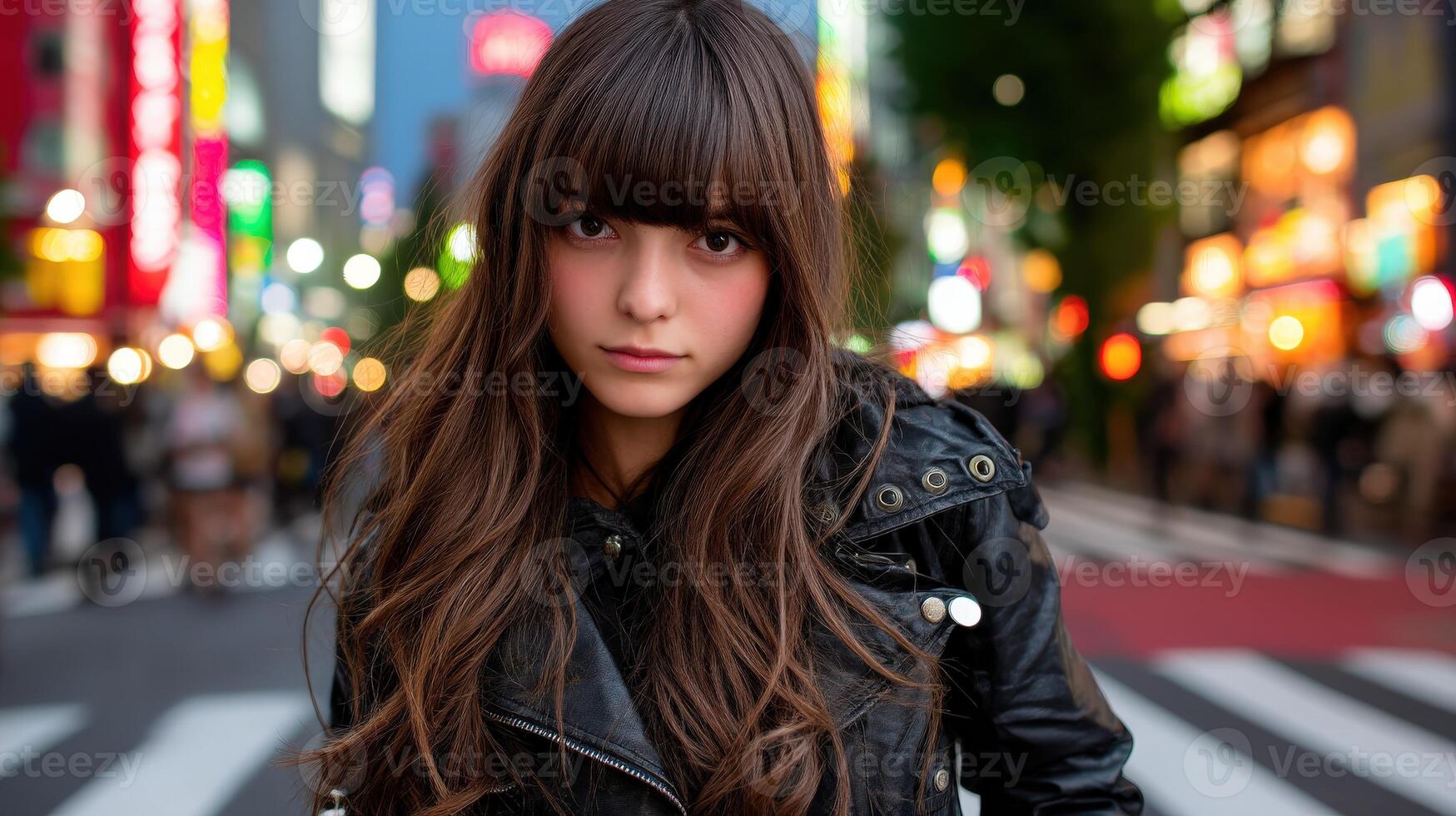 Young woman in stylish jacket poses confidently in vibrant city at night photo