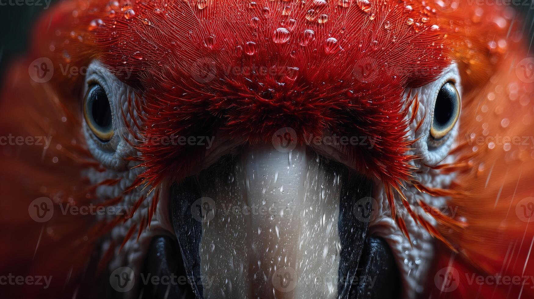 Colorful macaw with rain droplets perched in tropical setting photo