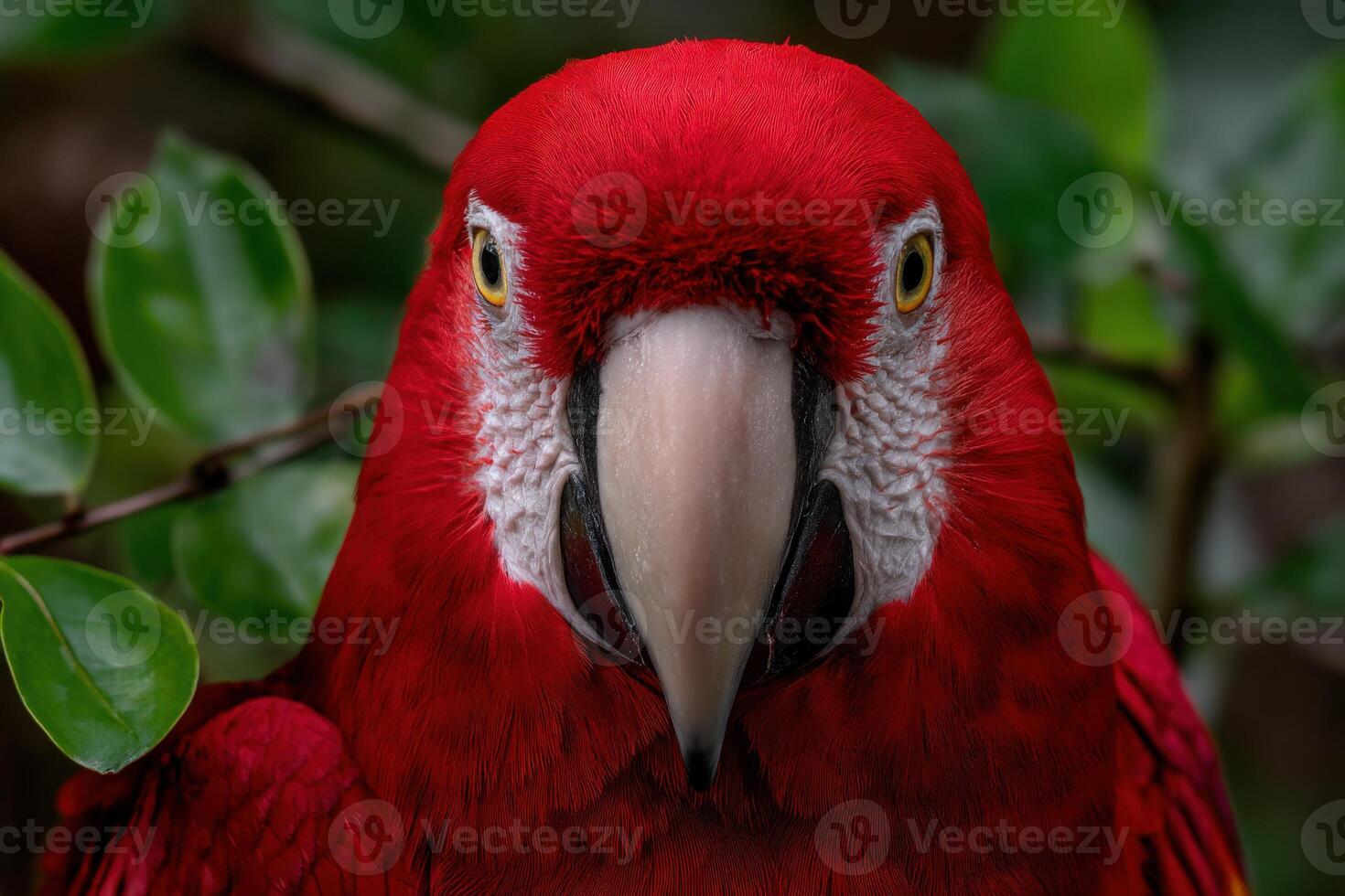Vibrant red parrot perched on a branch in lush greenery photo