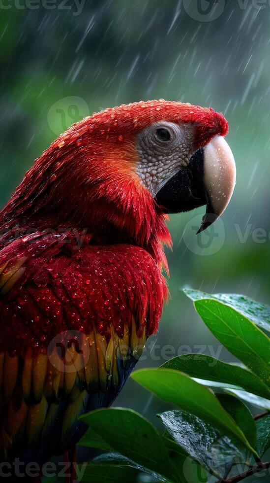 Vibrant parrot perched on a branch during a rainstorm in lush greenery photo