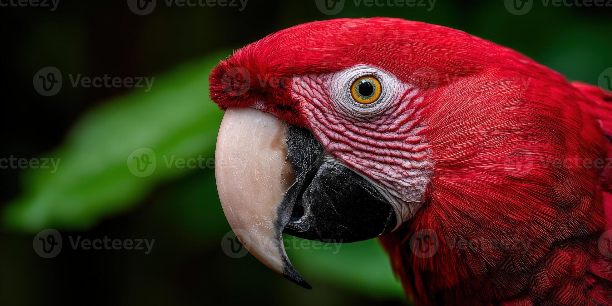 Close-up view of a vibrant red parrot in a lush tropical setting photo