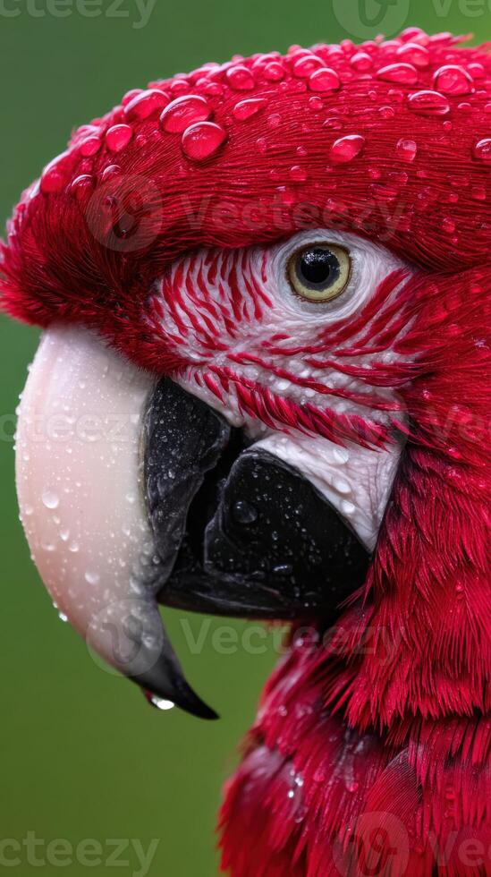 Vibrant red parrot with water droplets on its feathers in a lush environment photo