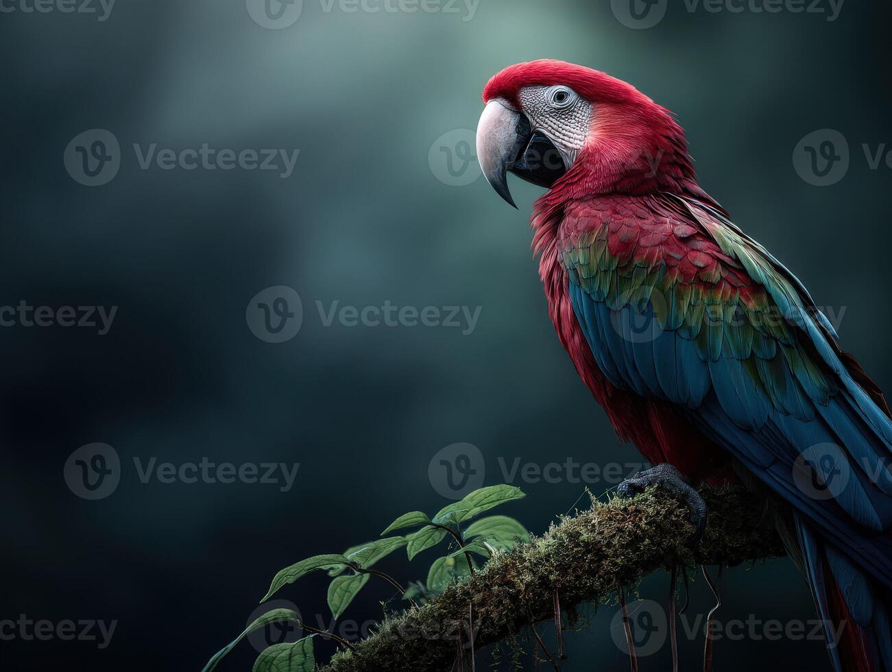 Colorful macaw perched on a branch amidst lush surroundings in the jungle photo