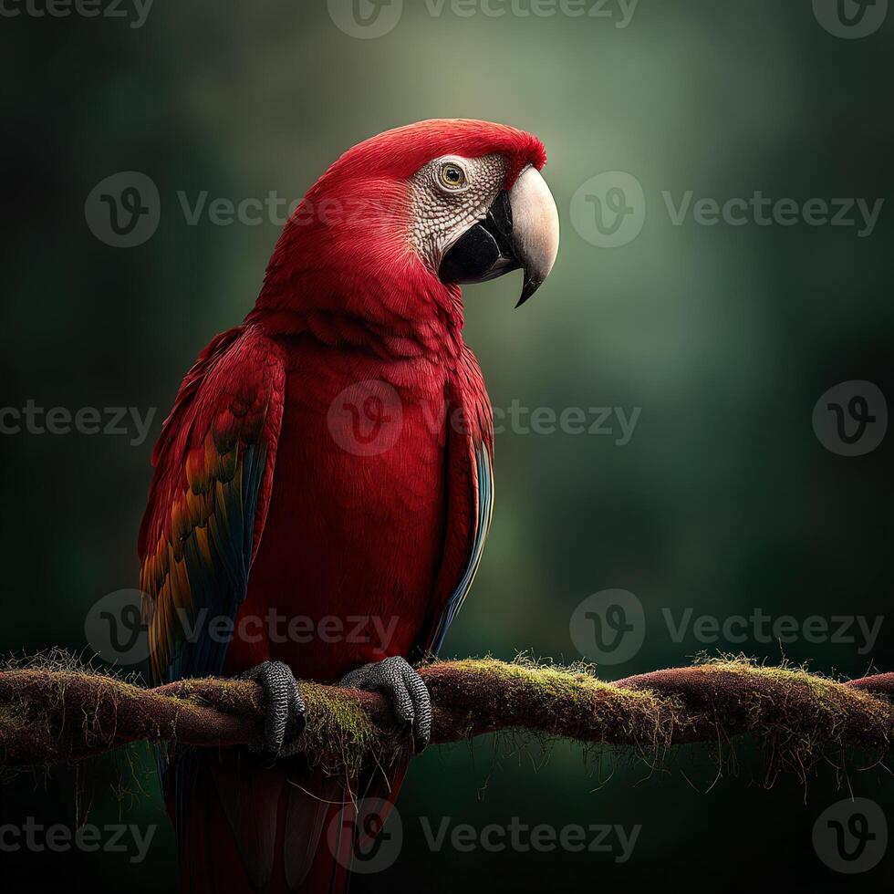 Vibrant red macaw perched on a branch in a lush forest setting photo