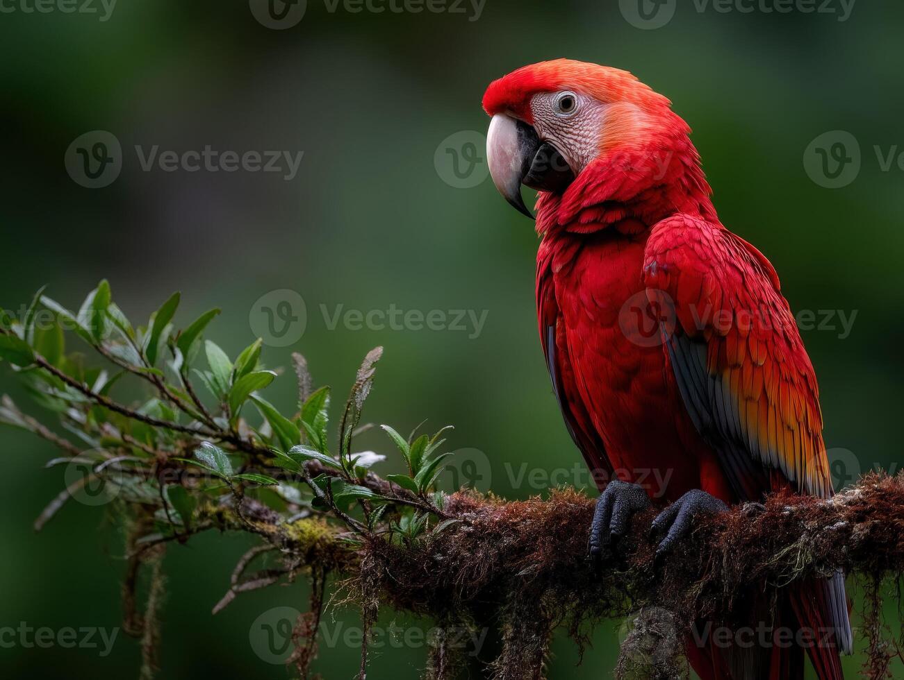 Bright red parrot perched on a mossy branch in a lush rainforest photo