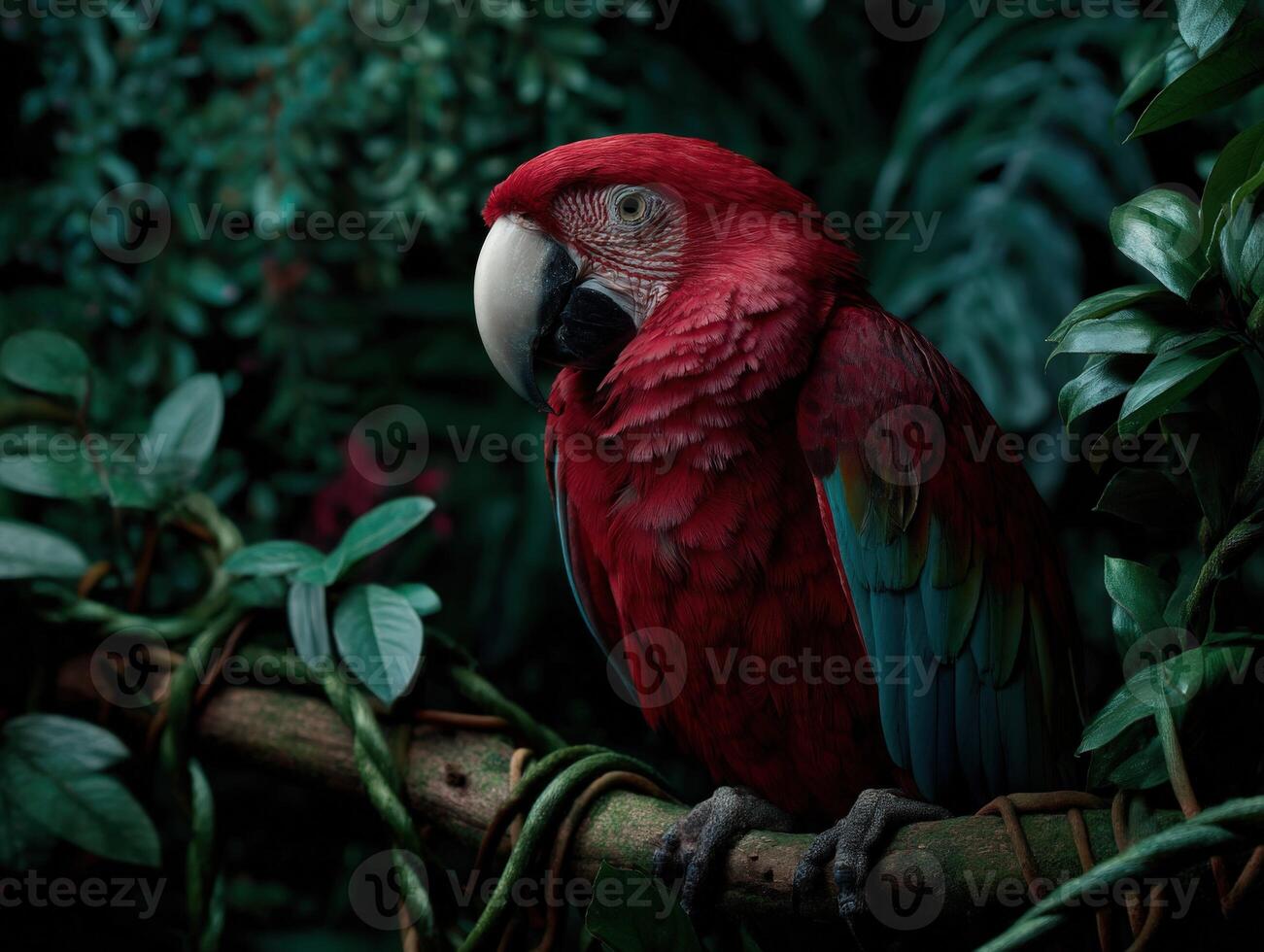 Vibrant red parrot perched on a branch surrounded by lush greenery photo