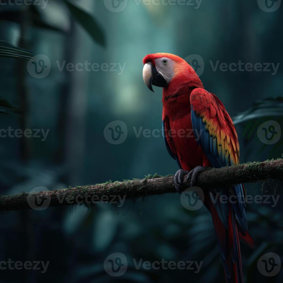 Scarlet macaw resting on a branch in the lush rainforest during early morning photo