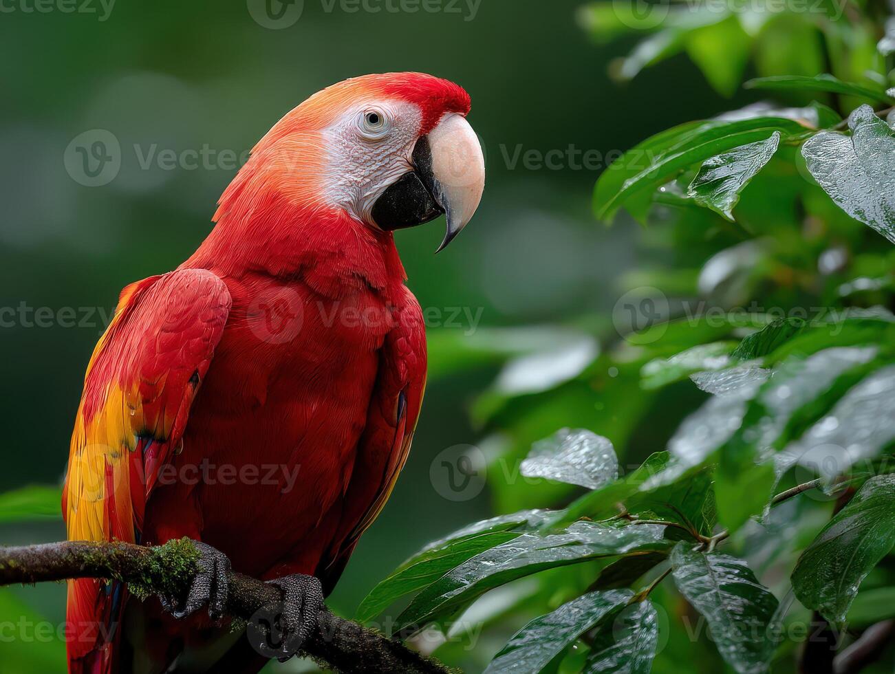 Colorful parrot perched on a branch in a lush green forest during daytime photo