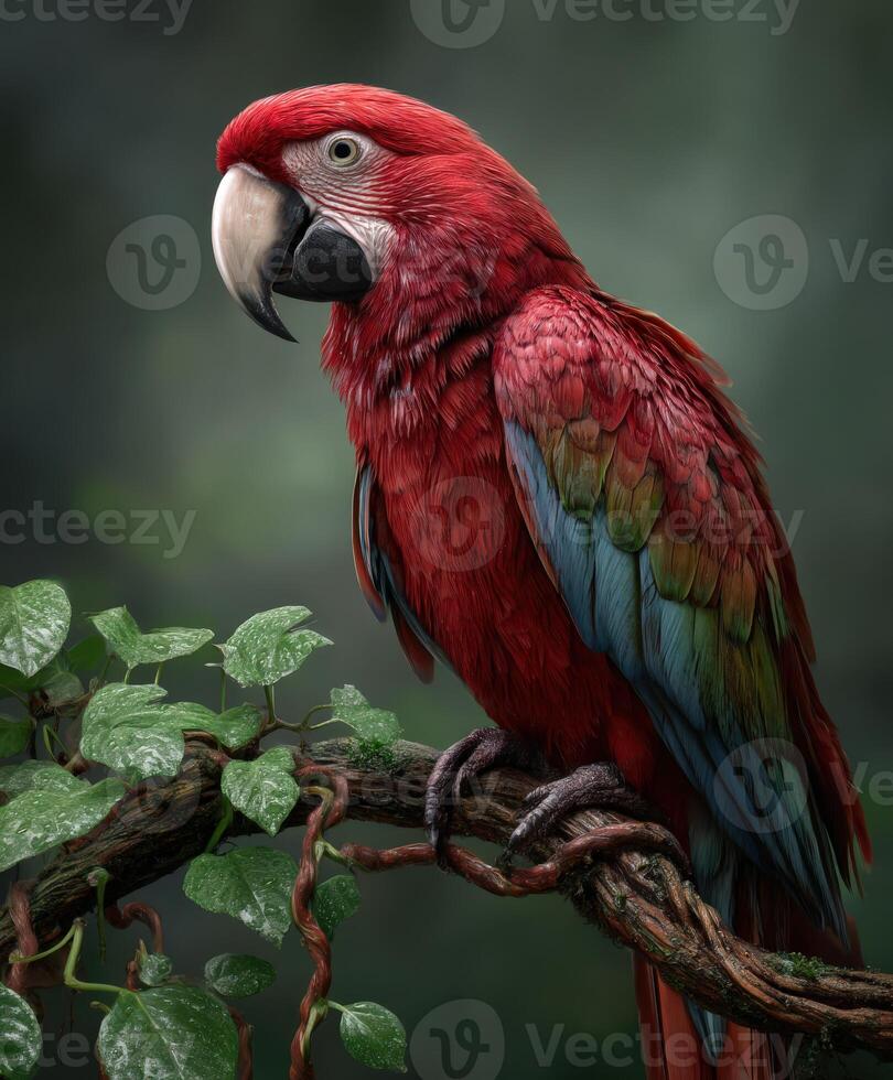 Bright red macaw perched on a branch with lush green leaves in nature photo