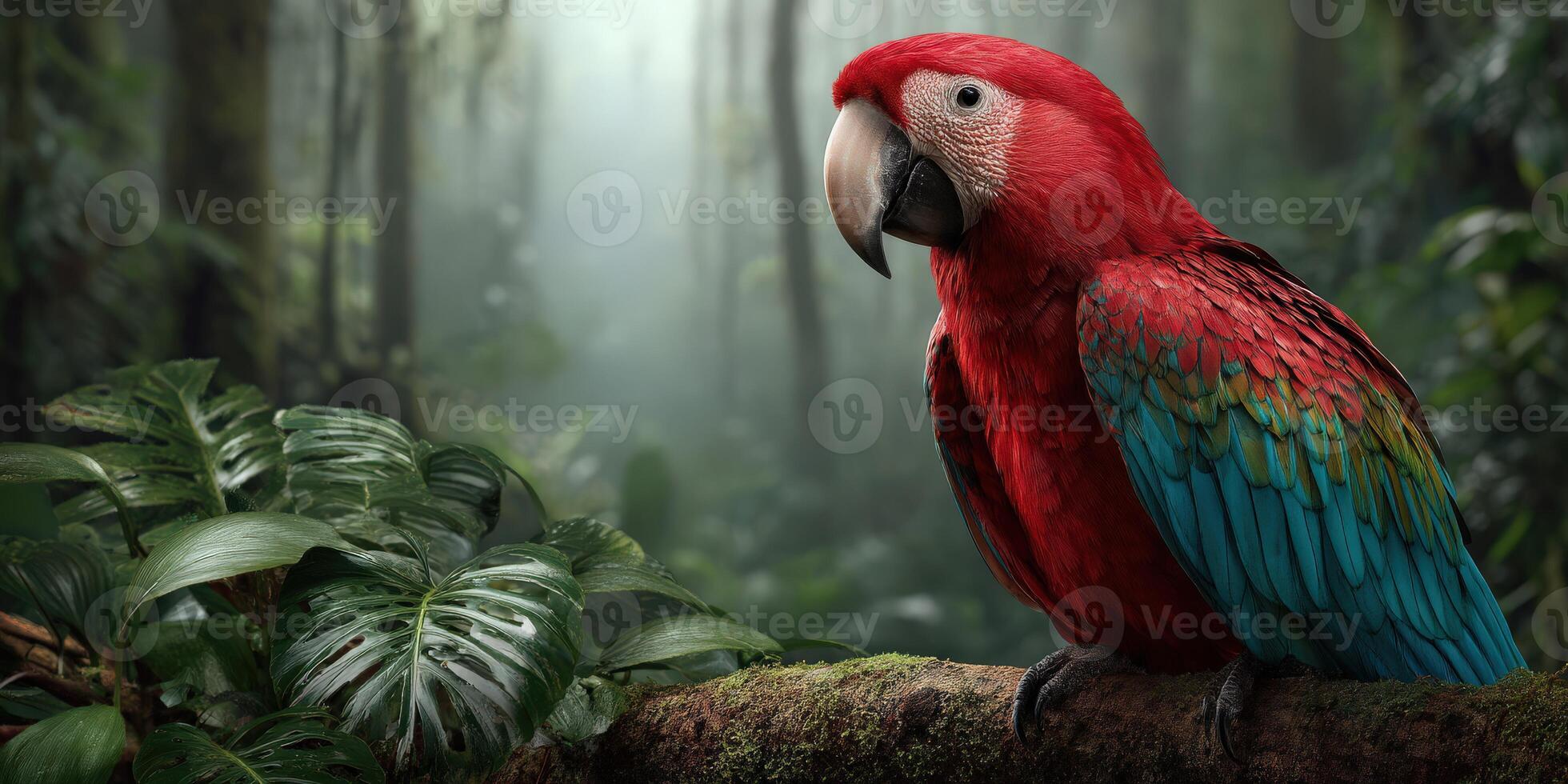 Bright red parrot perched on a branch in a lush tropical forest environment photo
