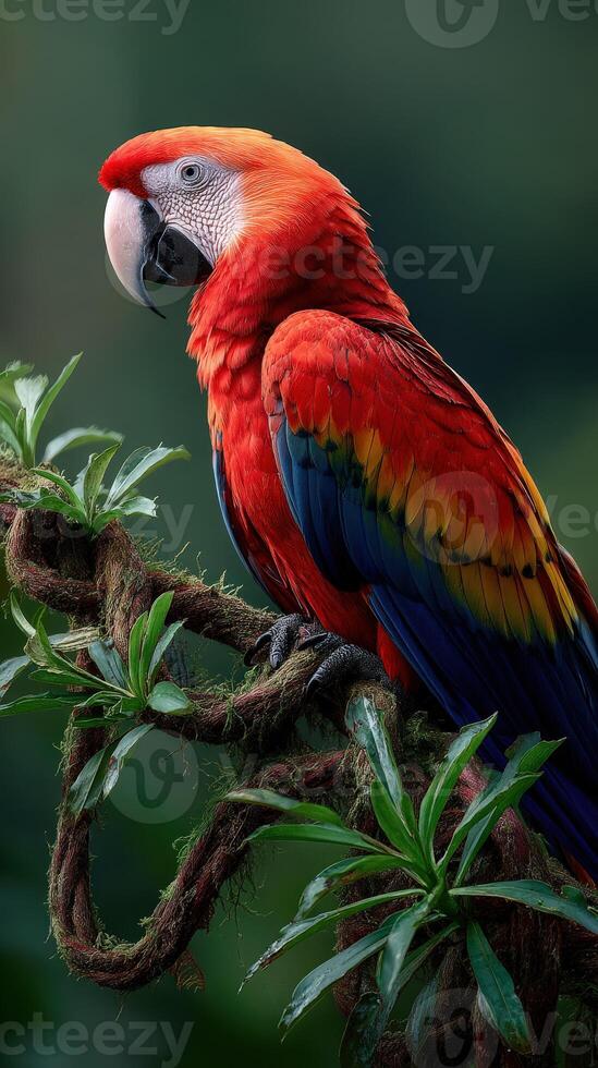 Colorful macaw perched on a branch in a lush rainforest setting photo
