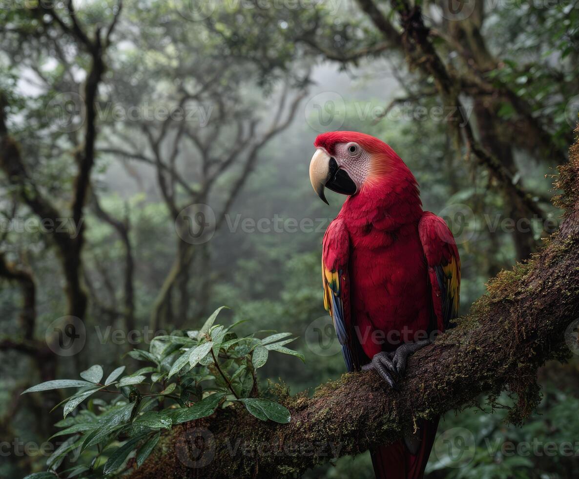 Colorful macaw perched on a mossy branch in a lush rainforest setting photo