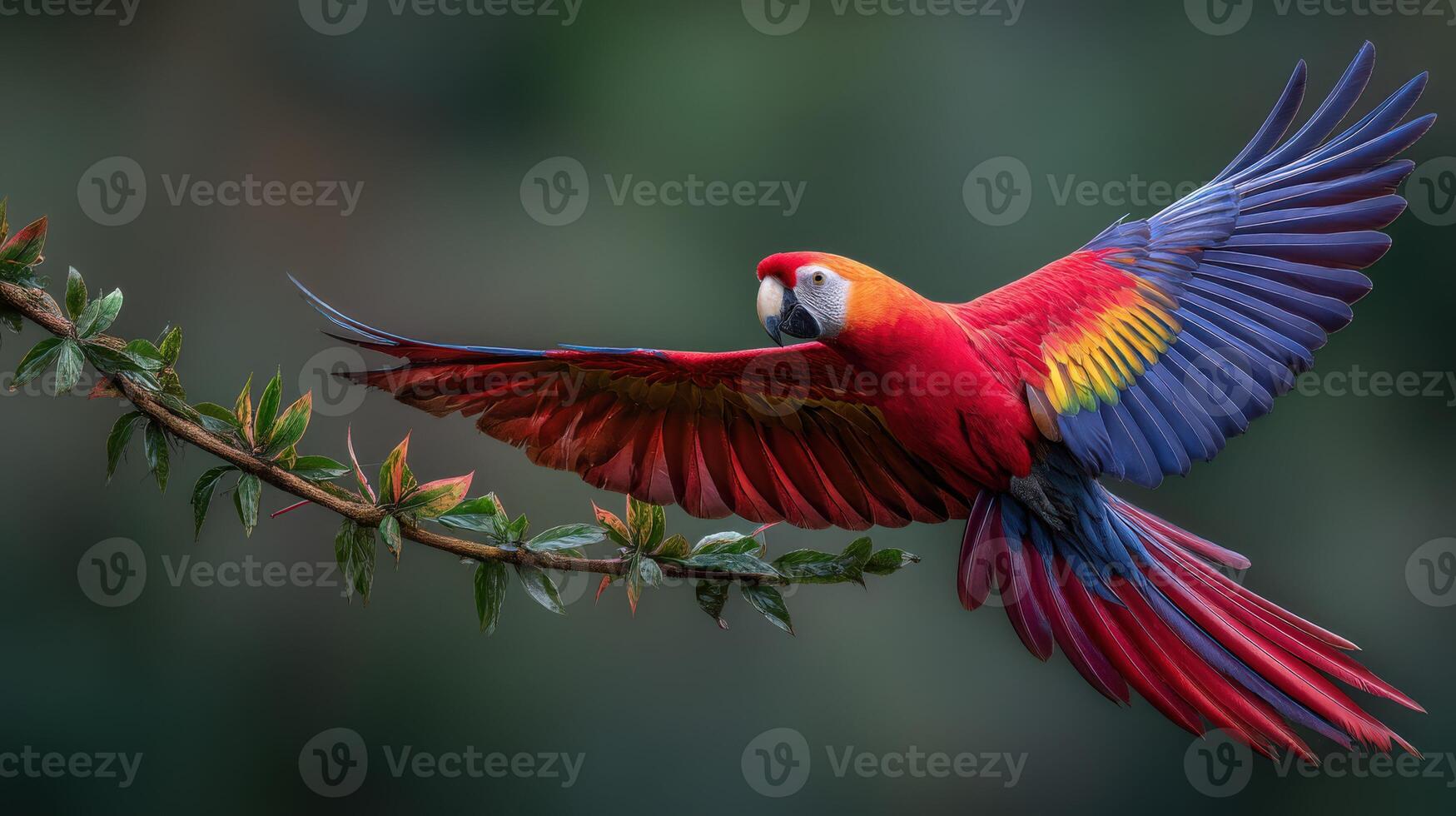 Colorful macaw in flight showcasing its vibrant plumage in a natural setting photo