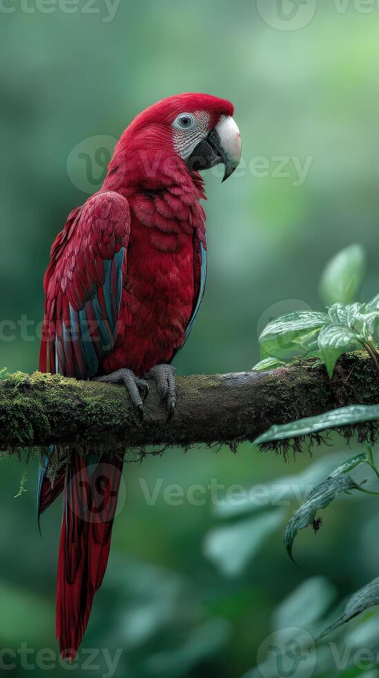 Vibrant red macaw perched on a lush green branch in a tropical forest photo