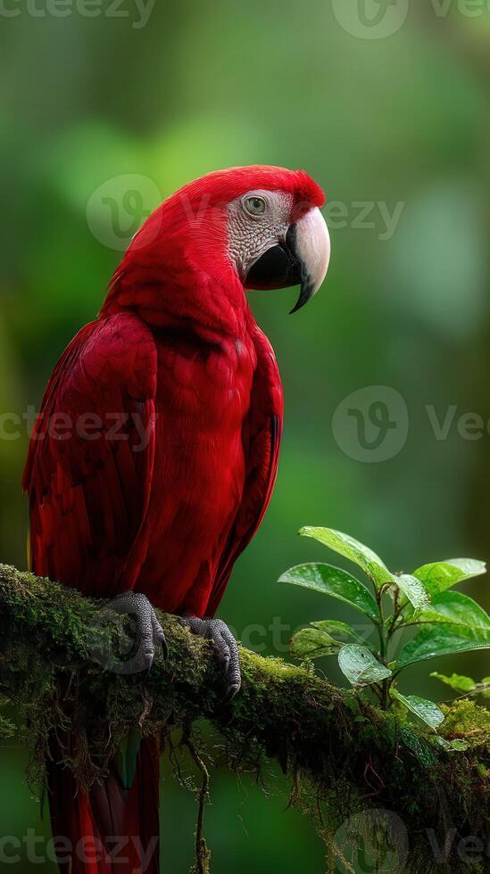 Vibrant red macaw perched on a mossy tree branch in a lush forest photo