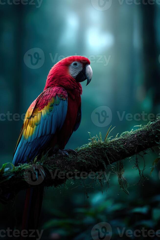Colorful parrot perched on a mossy branch in a dense forest at dawn photo