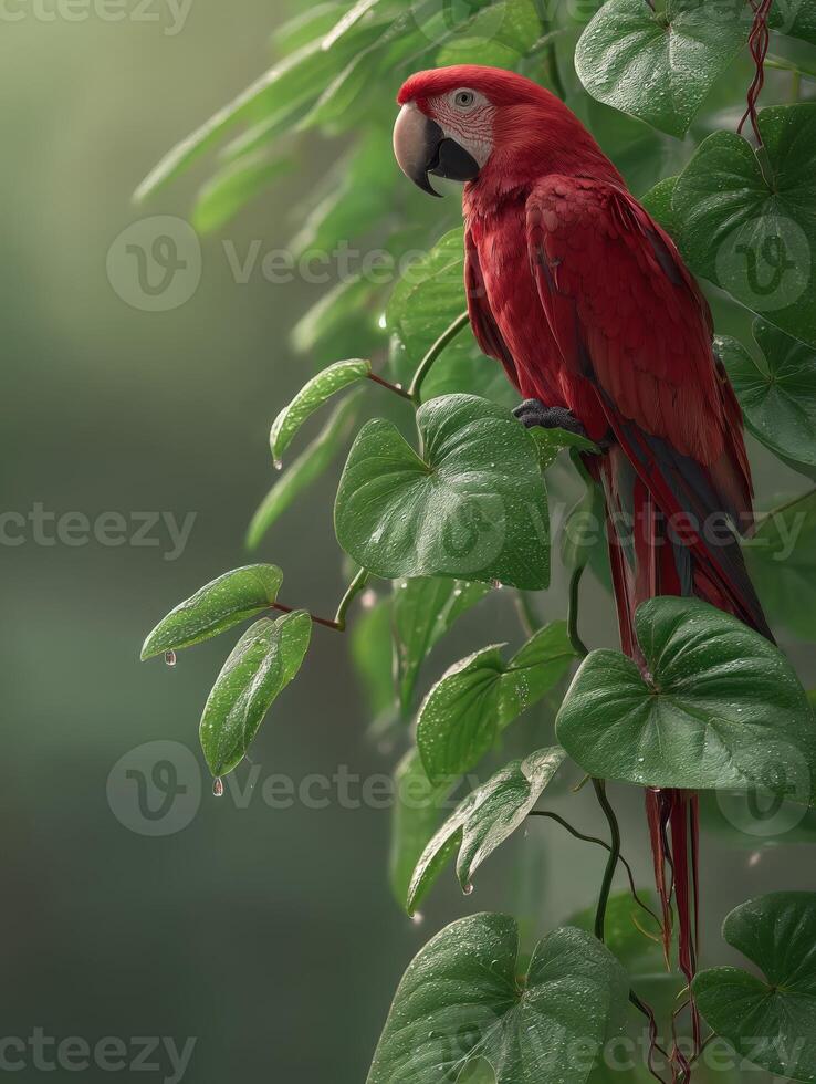 Scarlet macaw perched among lush green leaves in tropical setting at dawn photo