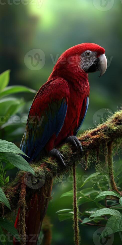 Colorful parrot perched on a mossy branch in a lush tropical forest setting photo