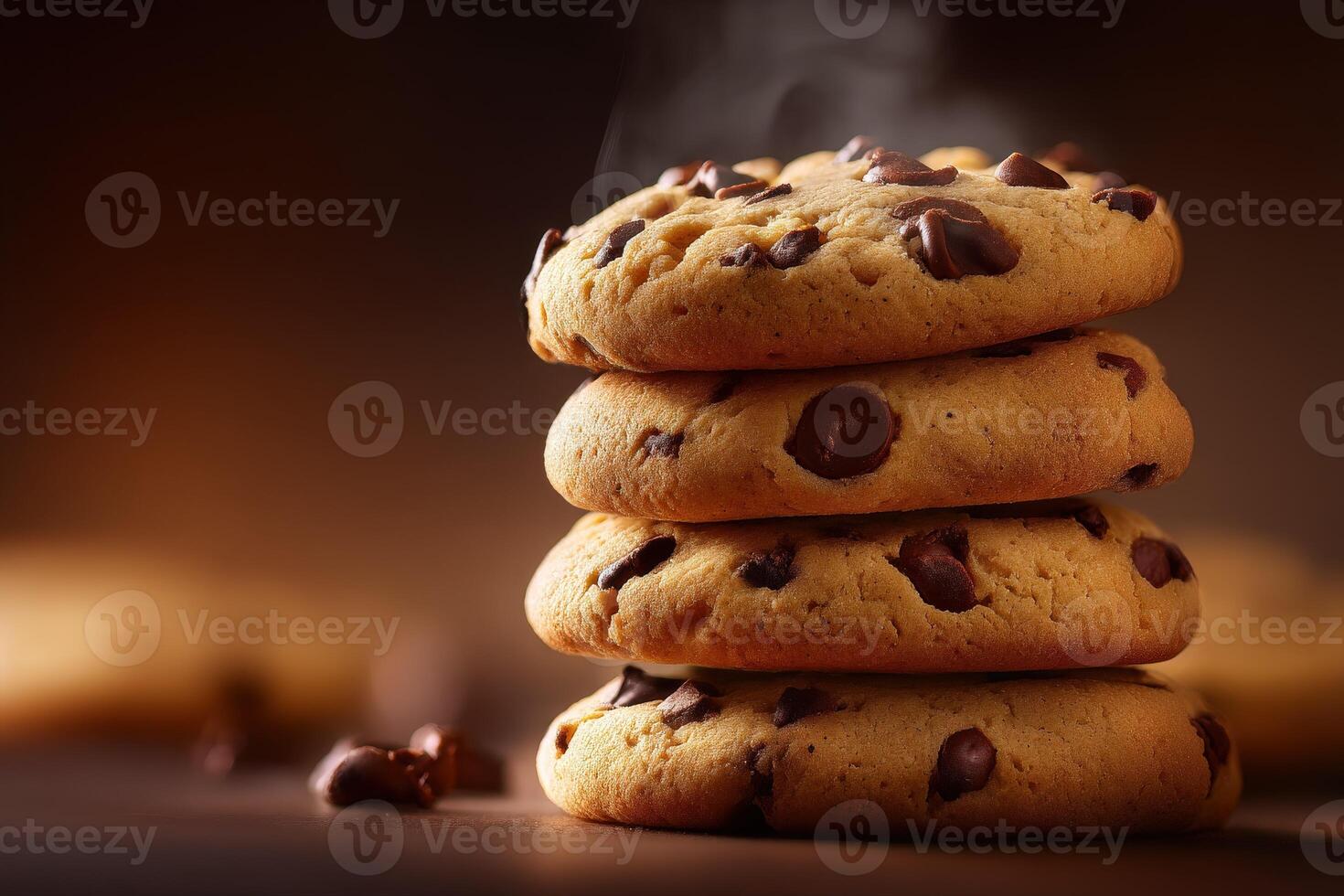 Warm chocolate chip cookies stacked on a wooden surface ready to be enjoyed photo